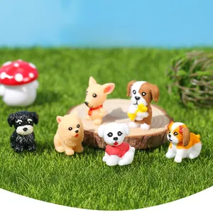 Detailed set of six cute resin puppy figurines for micro landscape and cake decoration