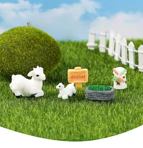 Miniature sheep family set with a white windmill and sheepfield sign for terrariums