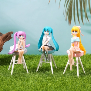 Three cute anime girl figurines sitting on white stools, DIY micro landscape PVC decor