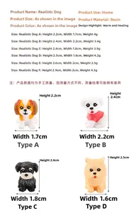 Detailed size chart showing dimensions and weights of six resin puppy figurines for decor