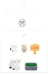 Miniature farm landscape set featuring cute white resin sheep, windmill and signage