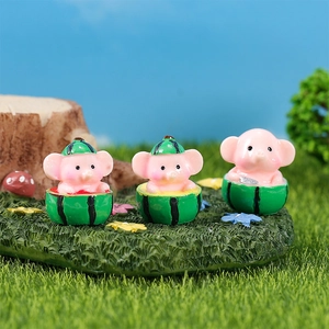 Resin Cute Pink Elephant Watermelon Miniature Figurine Cartoon Desktop Ornament Potted Plant Decoration Fairy Garden Accessory