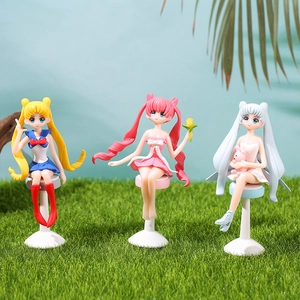 Miniature Sailor Moon PVC figurines set with three poses on white stools for DIY decor