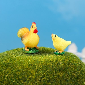Miniature resin rooster and yellow chick figurines set for pastoral landscape decor