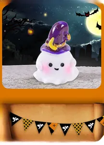 Cute resin ghost figurine with purple wizard hat for Halloween micro landscape decor