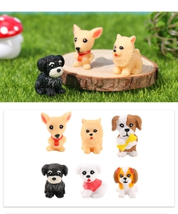 Detailed view of six miniature resin puppy figurines for micro landscape decoration