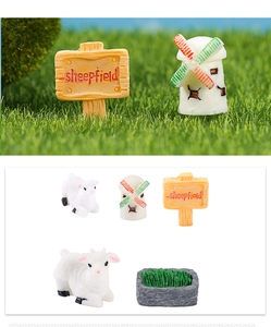Miniature farm figurines set including resin sheep, windmill and sheepfield sign for micro landscape