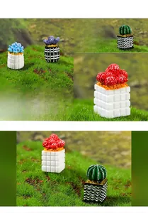 Miniature dollhouse cactus succulent plants in textured resin pots for desktop decor