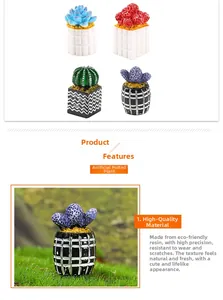 Detailed view of four miniature dollhouse cactus resin pots in colorful planters
