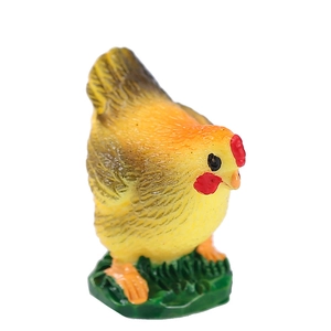 Miniature resin hen figurine with red comb and green base for garden landscape decor