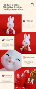 Detailed resin zodiac rabbit figurines with traditional Chinese festive red accessories