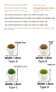 Detailed size chart for miniature dollhouse resin plants with precise height and width measurements
