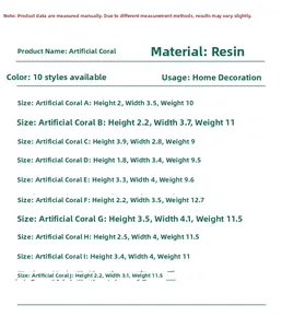Detailed size chart for resin artificial coral aquarium ornaments with dimensions and weights