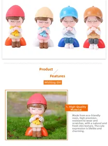 Close-up of four cute resin girl figurines in praying poses for micro landscape decor