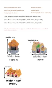 Detalle de casas en miniatura de resina con dimensiones y varias opciones de diseño