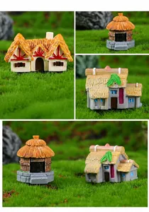 Vista macro de modelos de casas de paja en miniatura para decoración de bonsáis