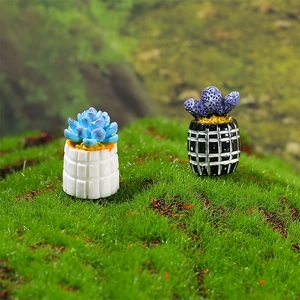 Miniature dollhouse succulent plants with resin cactus bonsai on moss background