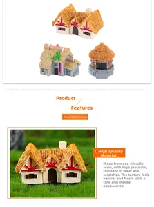 Detalle macro de tres casas miniatura de resina para decoración de micro paisajes