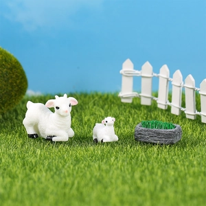 Miniature sheep figurines set with stone trough for creative farm micro landscape decor
