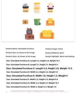 Detailed overview of 8 resin dollhouse furniture pieces including sofa and TV cabinet