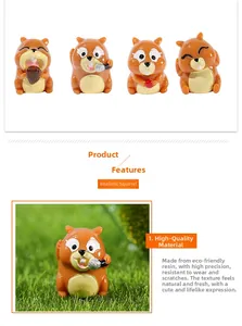 Detailed view of four resin squirrel miniatures for micro landscape and bonsai decoration