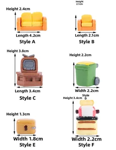 Detailed grid of miniature dollhouse furniture with precise size measurements in cm
