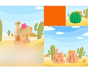 Close-up of miniature camel with desert cactus and sand castle resin garden ornaments