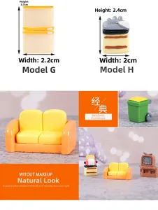 Miniature dollhouse furniture set including tiny colorful sofa, fridge, and toaster models