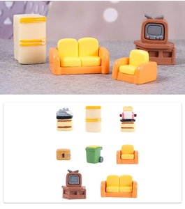 Miniature dollhouse furniture set featuring yellow sofa, fridge and retro TV models