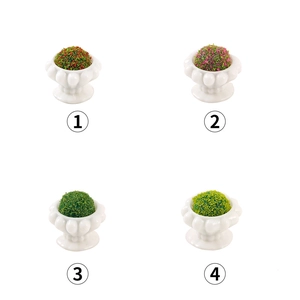 Miniature dollhouse flower pots with colorful plant balls and white embossed bases
