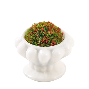 Miniature dollhouse flower pot with red and green globe plants in a white relief planter