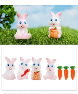 Miniature resin rabbit set for garden decor showing various bunny poses and carrots