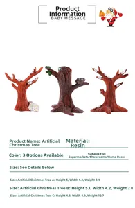 Detailed size chart for miniature resin Christmas trees with snow effects and wood texture