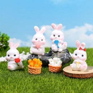 Miniature Resin Rabbit Figurines Cartoon Bunny Radish Basket Micro Landscape Fairy Garden Home Desktop Decor Accessories Collection