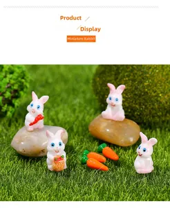 Miniature resin white rabbits and carrots set for fairy garden and plant decoration