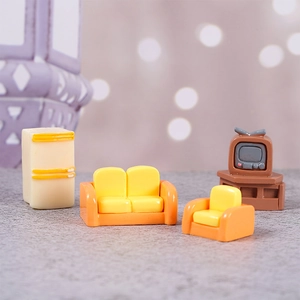 Miniature dollhouse furniture set with colorful resin sofa, TV stand, and retro refrigerator