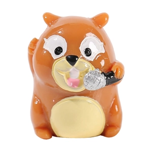 Cute resin squirrel figurine holding a microphone for desktop and bonsai decoration