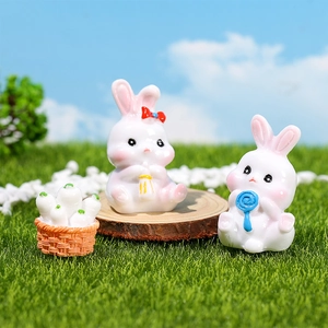 Miniature resin rabbit figurines with carrot basket set for garden landscape decor