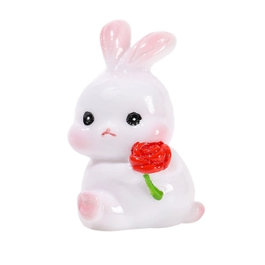 Miniature resin rabbit figurine holding a red rose for micro landscape garden decor