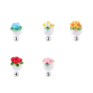 Miniature dollhouse flower pots set with five colorful resin plant varieties in white bases
