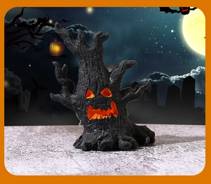 Glow Halloween treant resin statue with spooky carved face and jack-o-lantern eyes