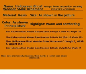 Size chart showing dimensions for four styles of Halloween resin ghost tree stump ornaments