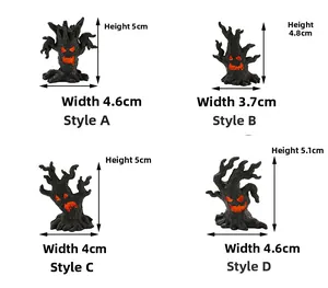 Detailed views of four mini Halloween resin tree monsters with orange glowing face details