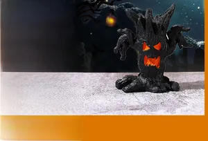 Macro detail of Halloween treant resin lamp with glowing orange eyes and bark texture