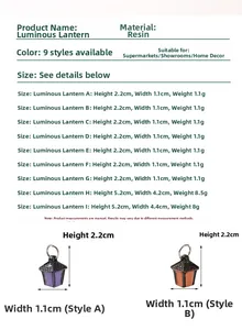 Size chart for miniature luminous resin ornaments with dimensions and weight details