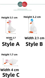Miniature resin white swans with pink and blue hats showing dimensions and styles
