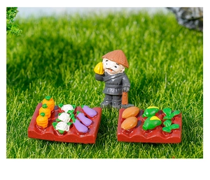 Miniature farmer figurine with vegetable trays for dollhouse farm landscape garden decor