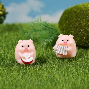 Set of 2 cute pink resin pig figurines playing drum and accordion for micro landscape decor