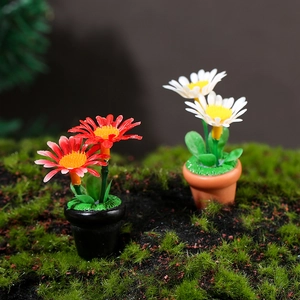 Miniature dollhouse daisy potted plants with pink and white flowers on moss background