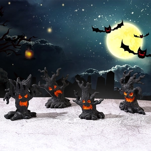 Set of 4 Halloween creepy tree monster figurines with glowing orange eyes for spooky decor